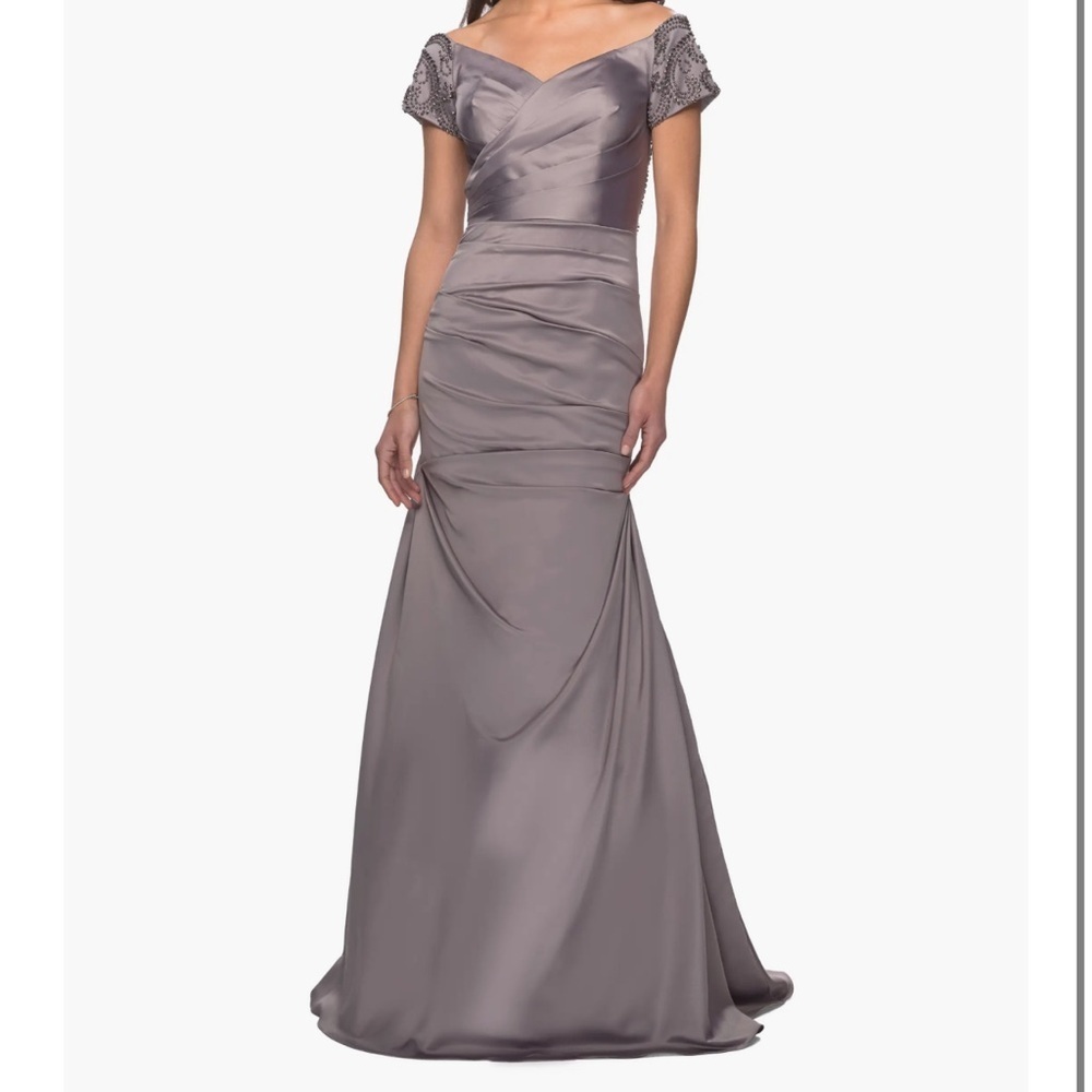 La Femme Satin Off the Shoulder Dress with Beaded Sleeves size 6 NWT